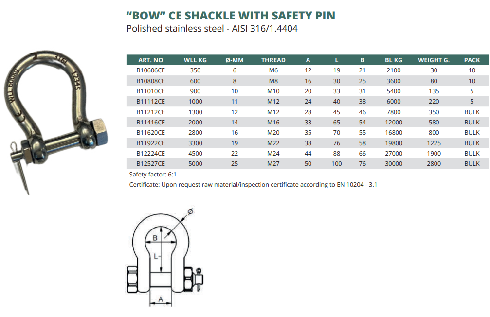 “BOW” CE shackle with safety pin